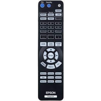 Fernbedienung für Epson-Projektor mit Tasten für HDMI-Eingänge, Bildmodi, Menü und Lautstärkesteuerung. Oben Tasten für 'An' und 'Standby'.