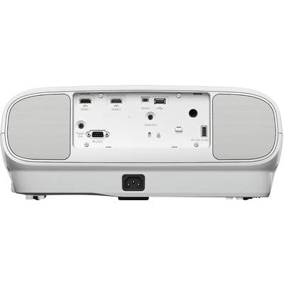 Die Rückseite eines weißen Projektors mit zwei HDMI-Anschlüssen, Audioausgang, USB-Serviceport und Stromanschluss in der Mitte.