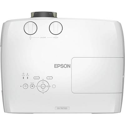 Projektor der Marke Epson, Modell EH-TW7100, mit verschiedenen Bedienungsknöpfen und Anschlüssen auf der Oberseite.