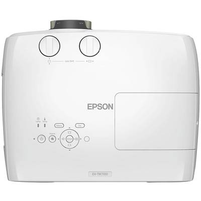 Weißer Epson-Projektor von oben mit Bedientasten und Logo sichtbar.