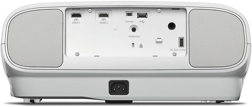 Projektor-Rückseite mit Anschlüssen: zwei HDMI-Ports, USB-Port, Audioausgang, Service-Port und Stromkabelanschluss.