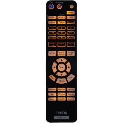 Fernbedienung eines Beamers mit beleuchteten Tasten für Funktionen wie HDMI-Auswahl, Lautstärke, HDR, Farbe, und Menüzugriff.