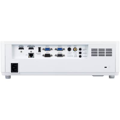 Die Rückseite eines Projektors mit verschiedenen Anschlüssen, darunter HDMI-, USB-, VGA- und Audio-Ports, sowie eine LAN-Buchse.