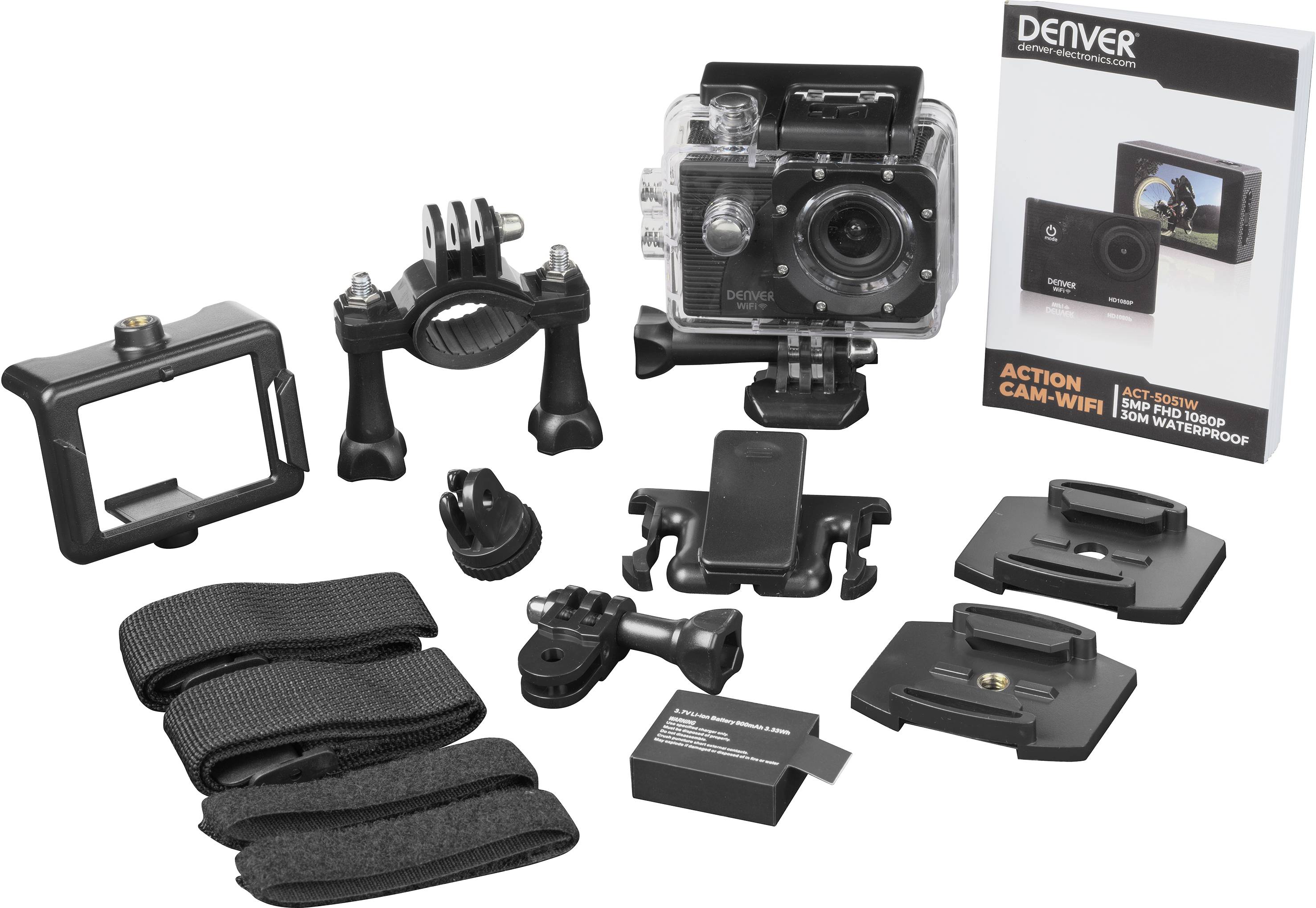 'Action-Kamera-Set mit wasserdichter Hülle, Halterungen und Zubehör. Verpackung zeigt Bild der Kamera. Modell: Denver ACT-5050W.'