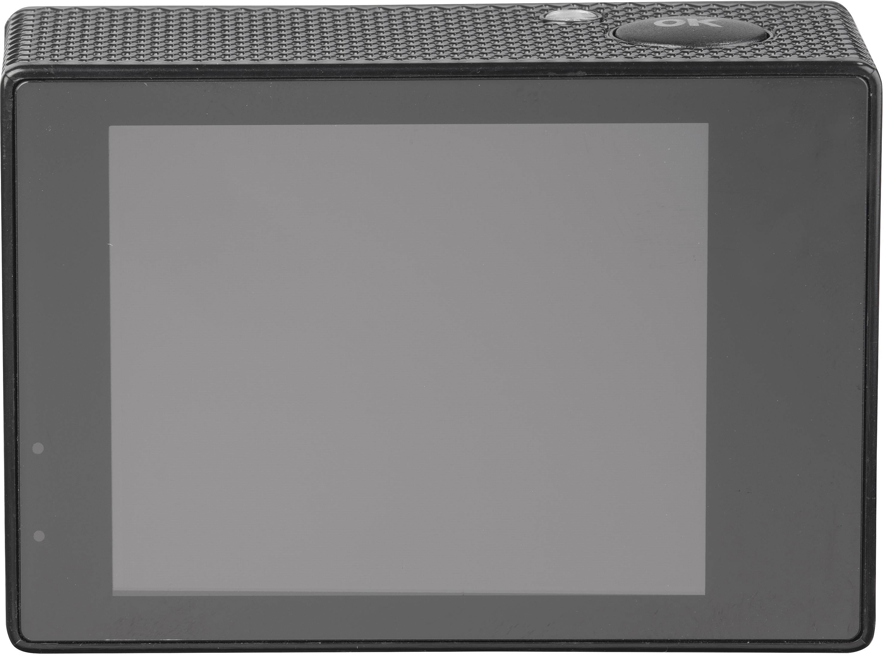 Eine schwarze Action-Kamera mit einem großen Display auf der Rückseite, geeignet für sportliche Aktivitäten und Outdoor-Abenteuer.