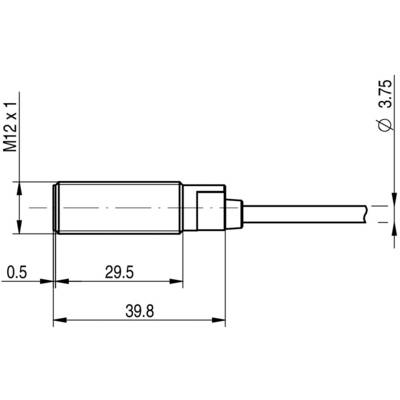 Technische Zeichnung eines zylindrischen Bauteils: Länge 39,8 mm, Durchmesser 3,75 mm, Gewinde M12 x 1, Endstück mit Kabelanschluss.