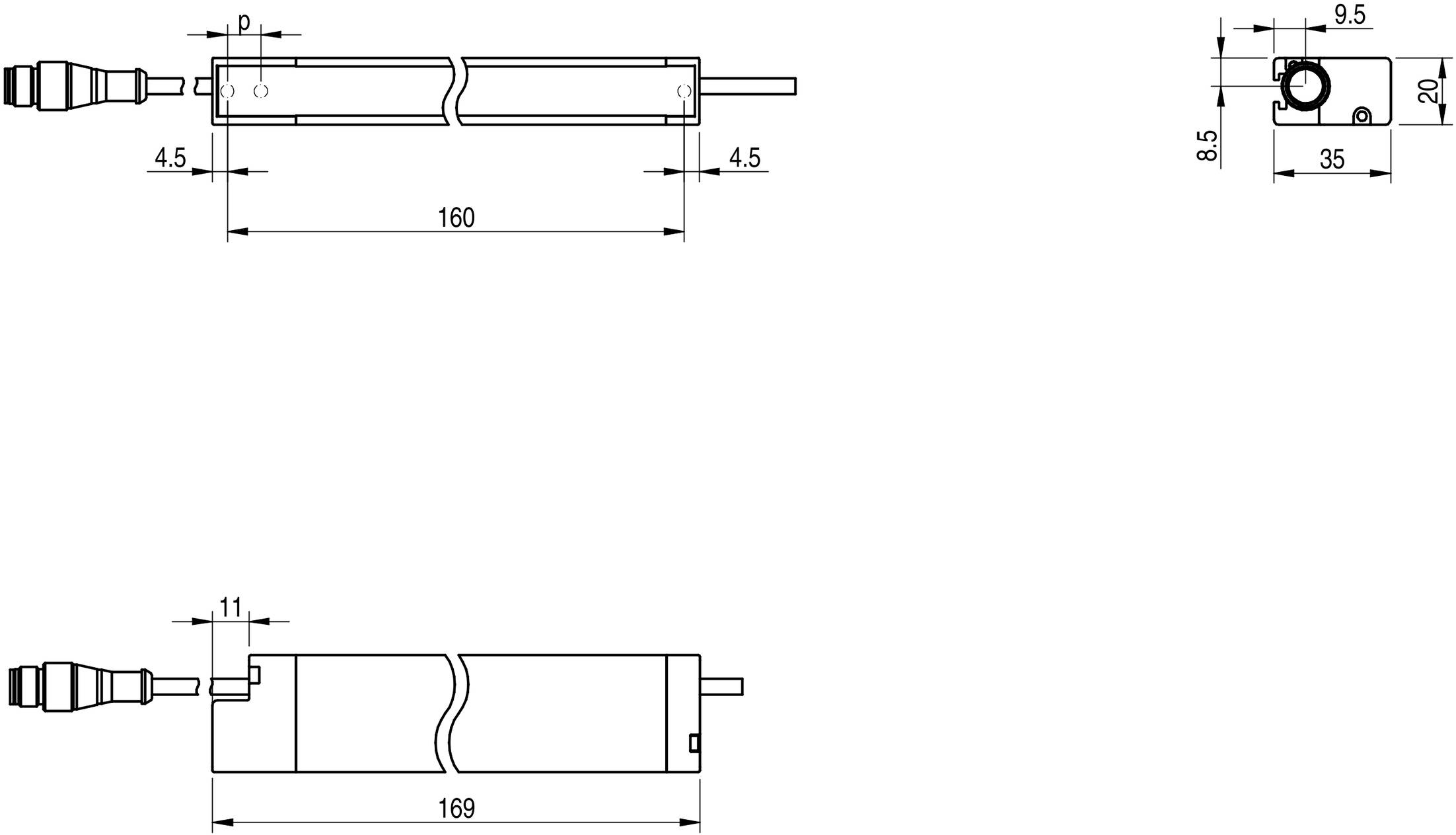 Technische Zeichnung eines linearen Positionssensors mit Abmessungen: Länge 160 mm, Höhe 20 mm. Axiale und seitliche Ansichten gezeigt.