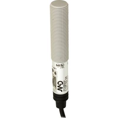 Zylindrischer Sensor mit geriffelter Oberfläche und Kabelanschluss, geeignet für industrielle Anwendungen. Markierungen mit Zertifizierungssymbolen.