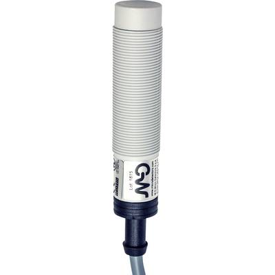 Ein zylindrischer, geriffelter Sensor mit Kabelanschluss, geeignet für industrielle Anwendungen. Markenlogo auf dem Sensor sichtbar.
