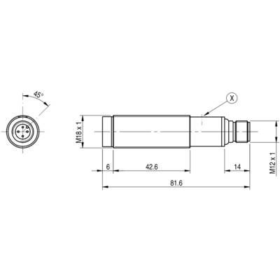 Technische Zeichnung eines zylindrischen Sensors mit Maßen. Gesamtbreite 81,6 mm. Detailansicht zeigt Anschluss mit Markierung 'X'.