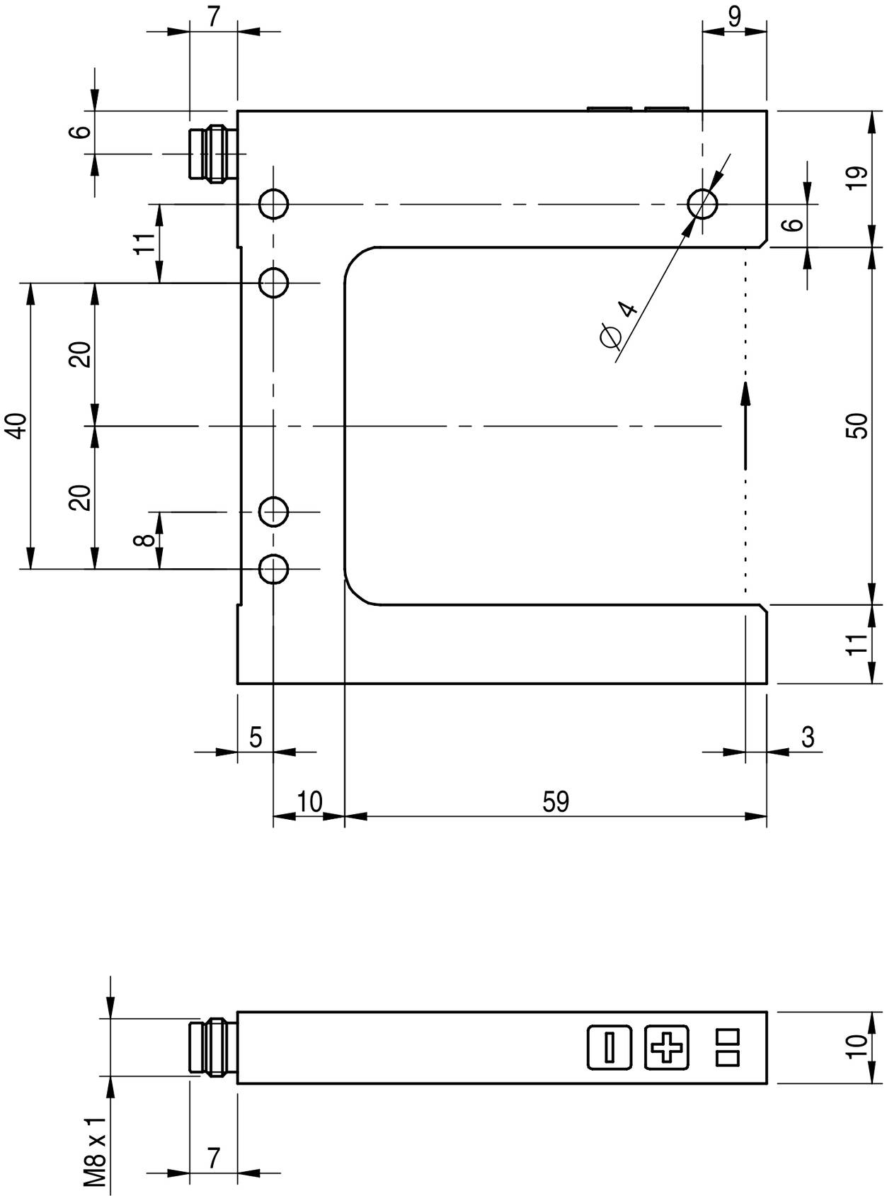 Technische Zeichnung einer Halterung mit Maßen in Millimetern; zeigt Bohrlöcher, Schraubpositionen und Abstände verschiedener Komponenten.