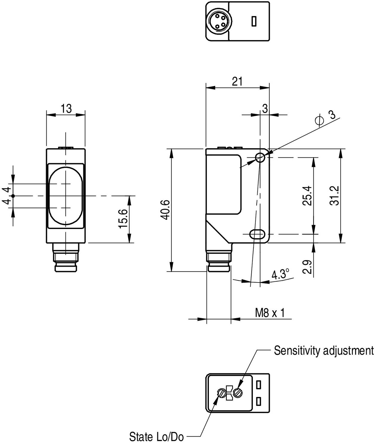 Konstruktionszeichnung eines Sensors mit seitlichen und frontalen Ansichten, inklusive Abmessungen und Details zur Empfindlichkeitseinstellung.