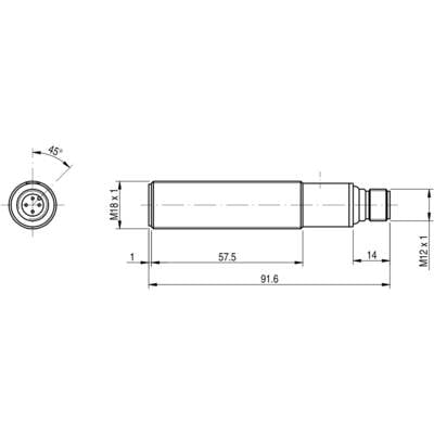 Technische Zeichnung eines zylindrischen Sensors mit Gewindeanschlüssen M18 x 1 und M12 x 1, Gesamtlänge 91,6 mm.