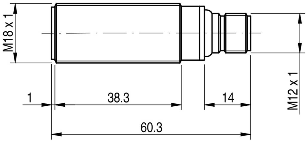Technische Zeichnung eines zylindrischen Sensors mit M18 x 1 Gewinde, Länge 60,3 mm, und kleinerer Abschnitt mit M12 x 1 Gewinde.