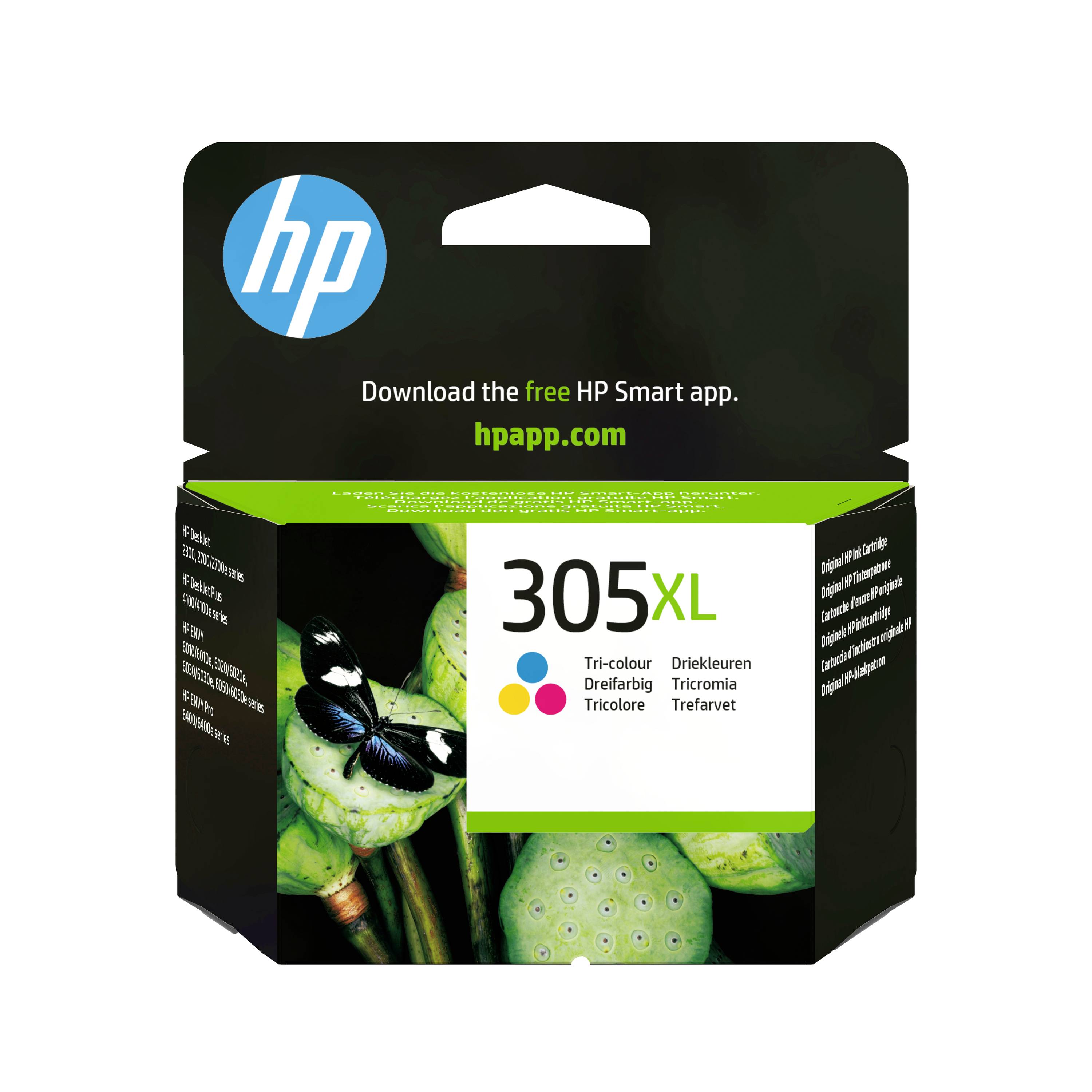 HP 305XL Tintenpatrone in Farbe Paket mit HP-Logo und Text „Laden Sie die kostenlose HP Smart App herunter. hpapp.com".