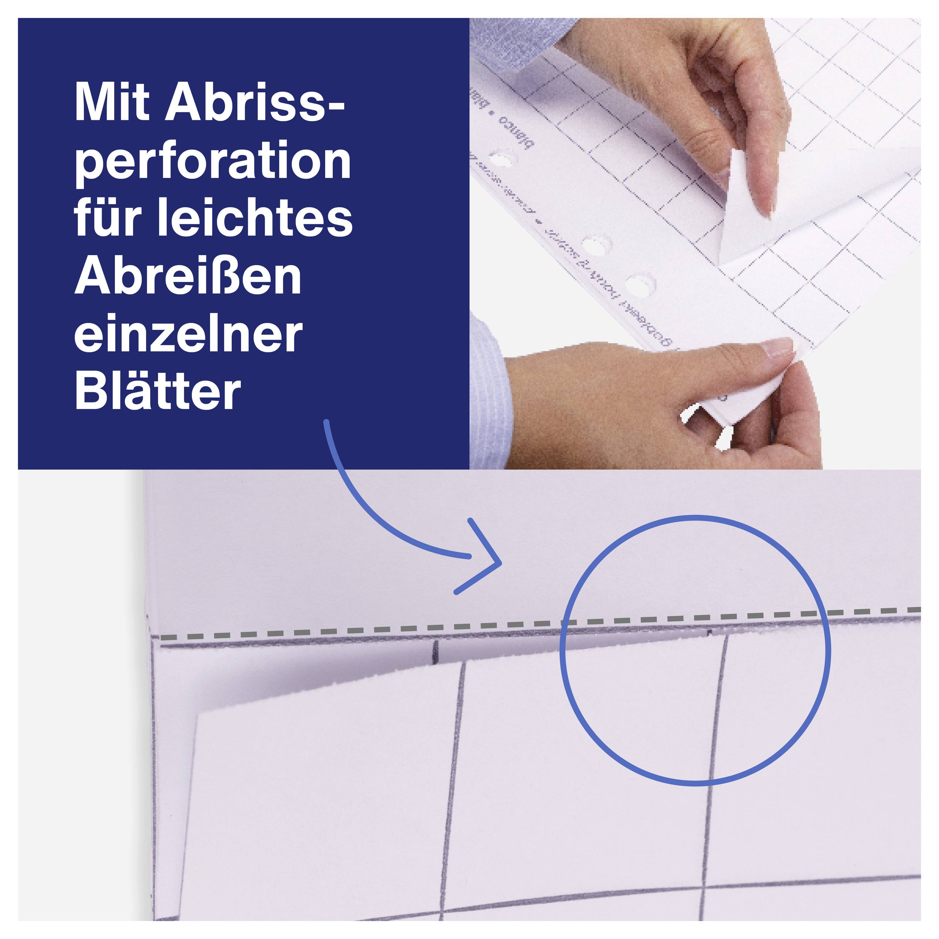 Eine Hand reißt ein Blatt Papier entlang einer Abrissperforation ab. Text: 'Mit Abrissperforation für leichtes Abreißen einzelner Blätter'.