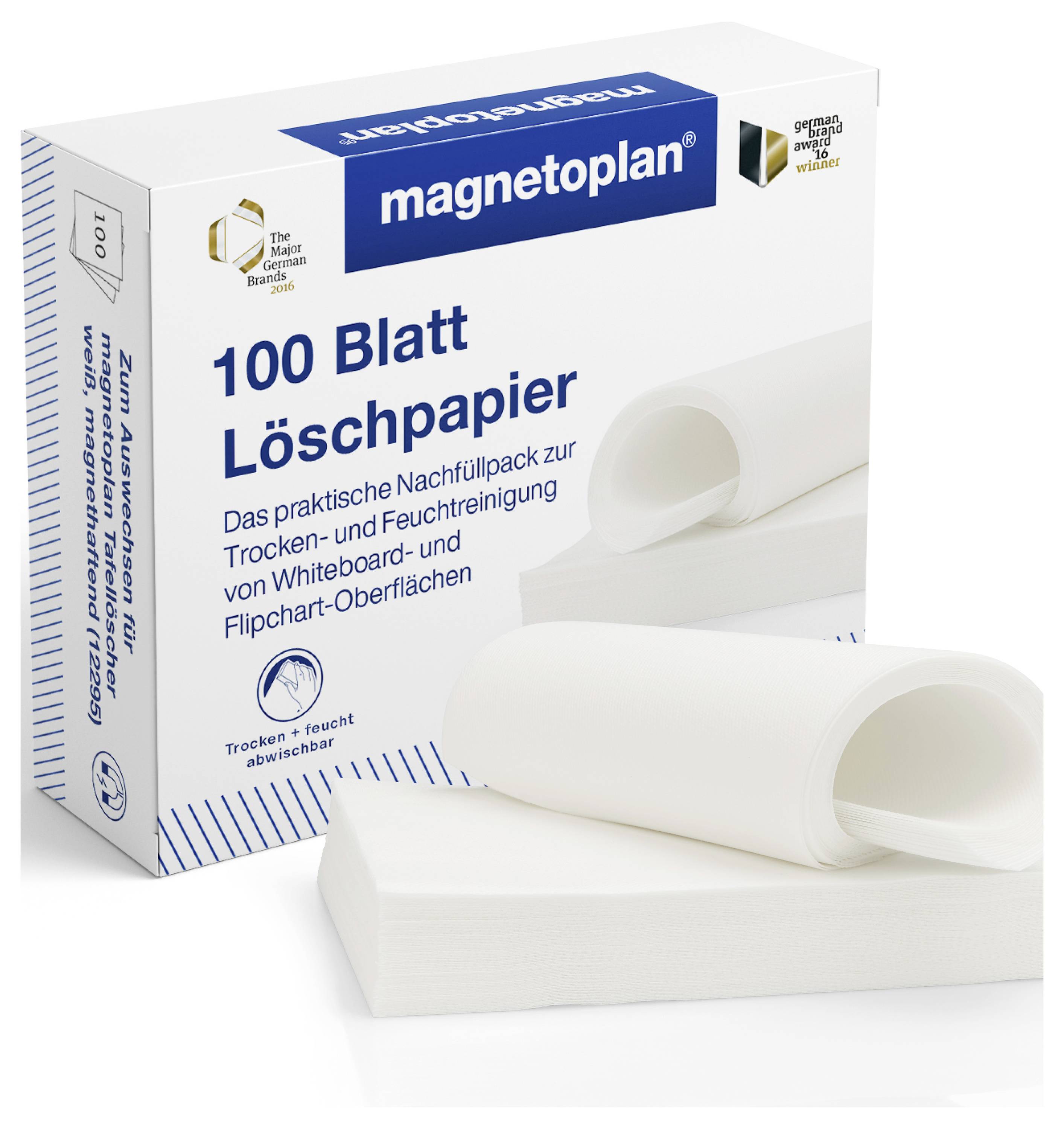 Magnetoplan 100 Blatt Löschpapier zum Reinigen von Whiteboard- und Flipchart-Oberflächen, geeignet für trockene und feuchte Anwendung.