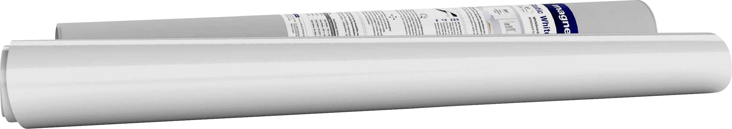 Zwei Rollen weißes Papier, eine liegt darüber mit Etikett. Geeignet für Drucker oder Plotter.