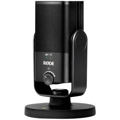 Schwarzes USB-Mikrofon auf Ständer, geeignet für Podcasting. Drehknopf zur Lautstärkeregelung vorne sichtbar.