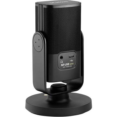 Schwarzes USB-Mikrofon auf Ständer mit seitlichem Anschluss und Bedienelementen. Geeignet für Aufnahme und Podcasting.