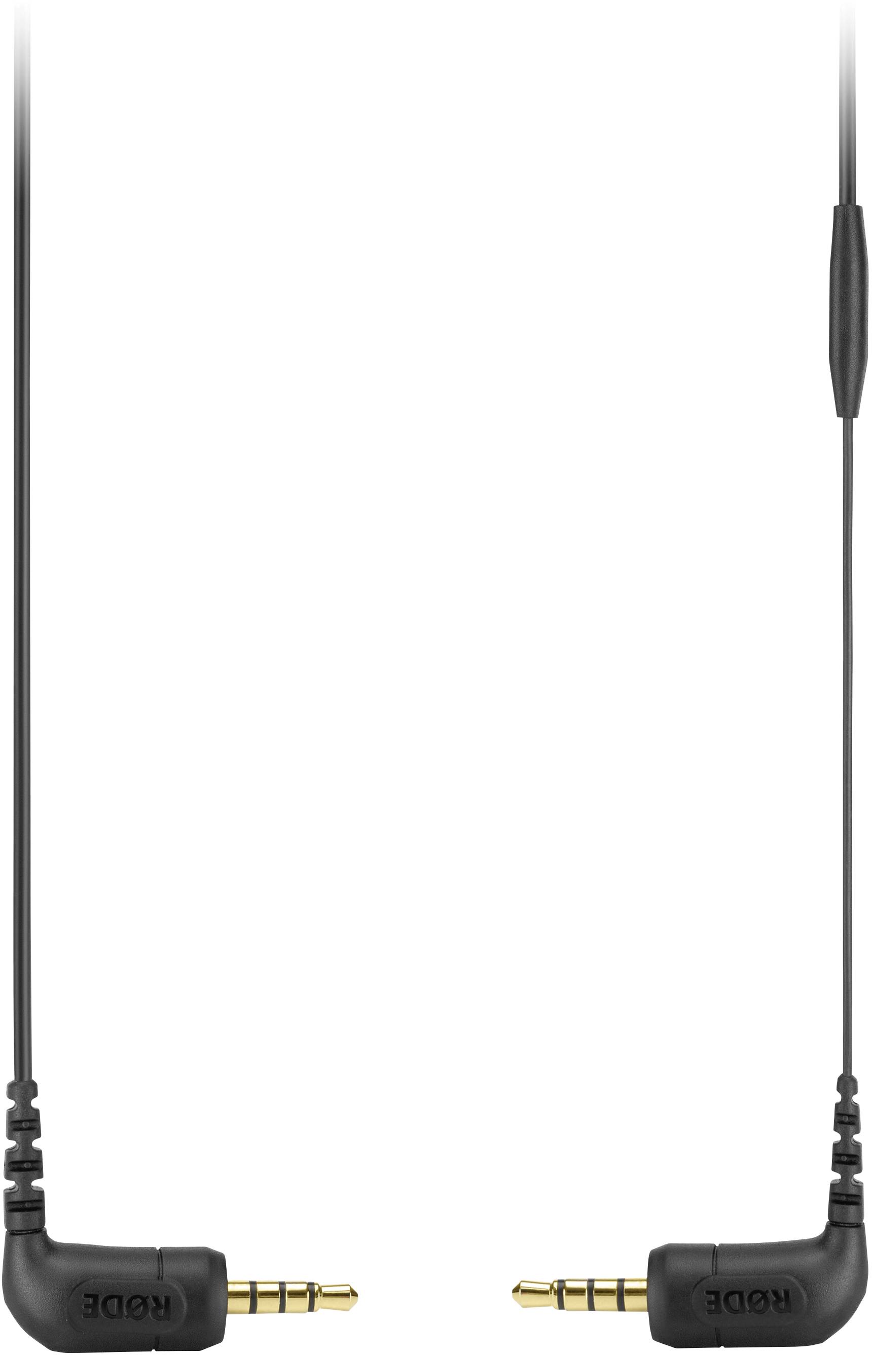 Zwei schwarze 3,5-mm-Audiokabel mit goldenen Steckern sind gegenüber angeordnet; eines hat eine Beschriftung 'Rode'.