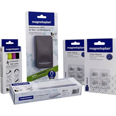 Ein Set von magnetoplan-Whiteboard-Zubehör, bestehend aus einem Tafellöscher, Tafelmarkern, Acryl-Ablageschale und Design-Magneten.