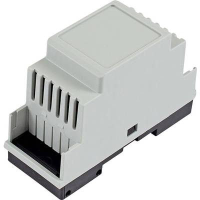 Ein graues und schwarzes Kunststoffgehäuse, typischerweise für elektronische Bauteile in der Schaltschrankmontage verwendet.