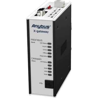 Ein Rechteckgerät mit der Aufschrift 'Anybus X-gateway'. Es zeigt Status-LEDs für PROFIBUS und CANopen, mit Anzeigen für Betrieb und Fehler.