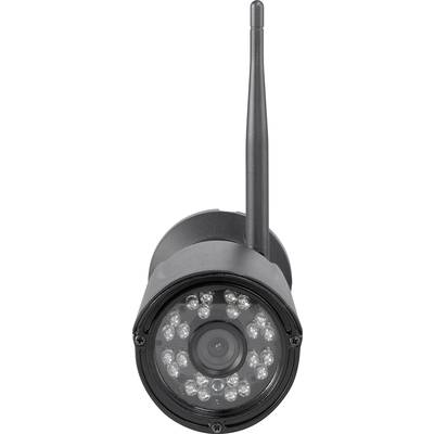 Schwarze Überwachungskamera mit Antenne, Vorderansicht, zeigt das Objektiv und die LED-Lichter. Ideal zur Sicherheitsüberwachung.