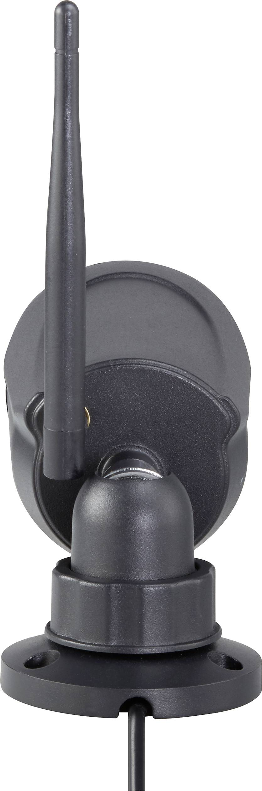 Eine schwarze Sicherheitskamera mit Antenne. Sie ist auf einer Halterung montiert, die eine flexible Ausrichtung ermöglicht.