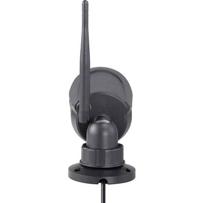 Eine schwarze Sicherheitskamera mit Antenne. Sie ist auf einer Halterung montiert, die eine flexible Ausrichtung ermöglicht.