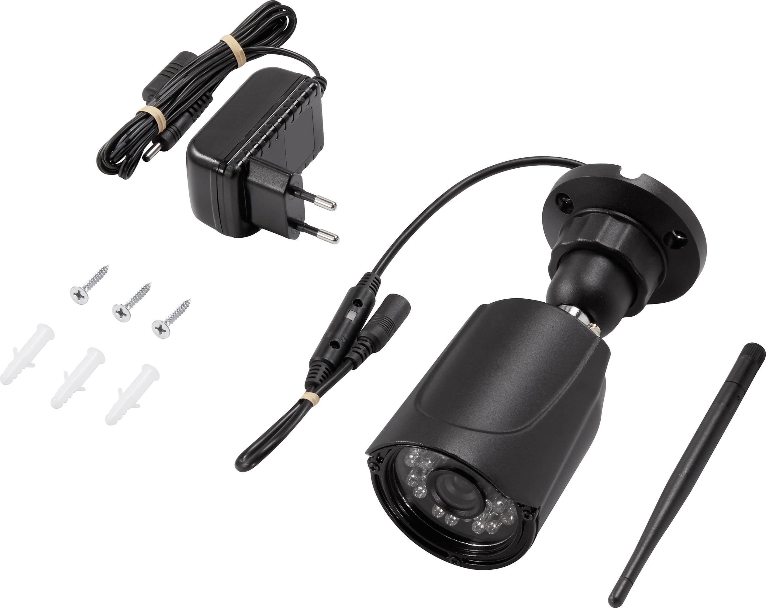 Überwachungskamera-Set mit Kamera, Netzteil, Kabel, Montagezubehör und Antenne.