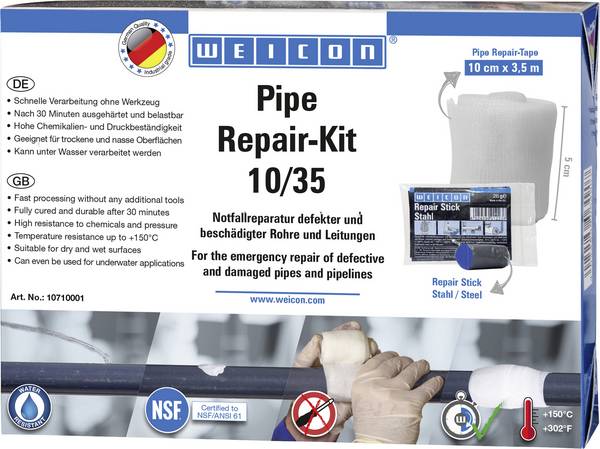 WEICON Pipe Repair-Kit Reparaturband 3 - 10/35 (10 cm x 3,5 m Band + 28 g Repair-Stick Stahl)