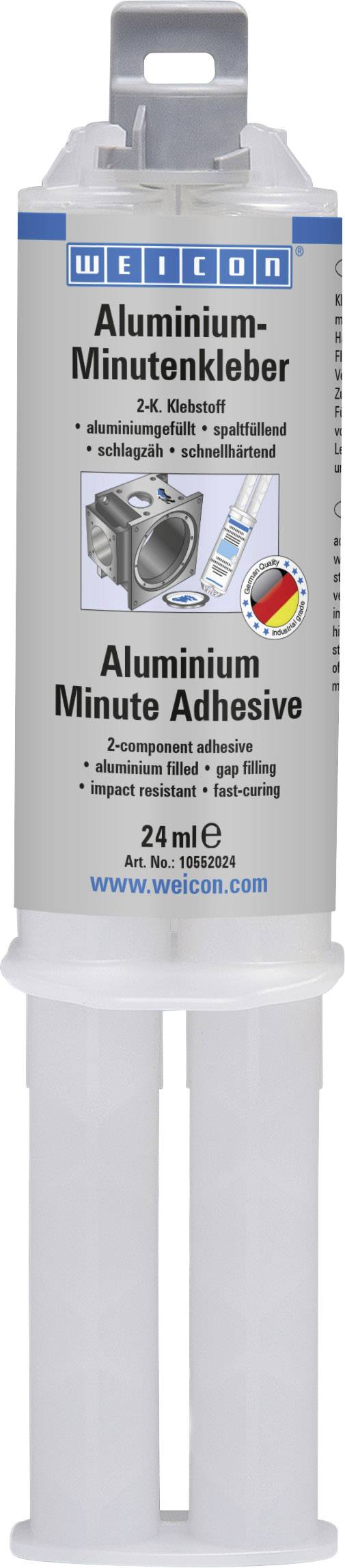 'WEICON Aluminium-Minutenkleber', 24 ml Doppelspritze. Zweikomponentenkleber für Aluminiumreparaturen, hervorgehoben durch deutsche Flagge.