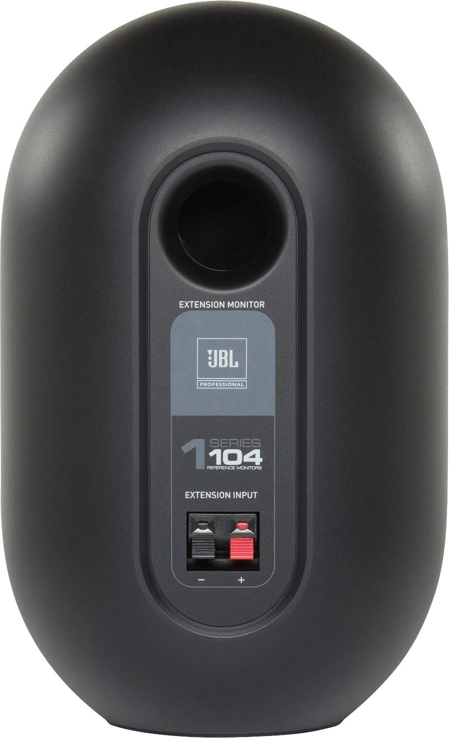 Rückansicht eines schwarzen Lautsprechers mit Anschlüssen und dem Logo 'JBL Professional', Modellname '1 Series 104', Erweiterungsmonitor.
