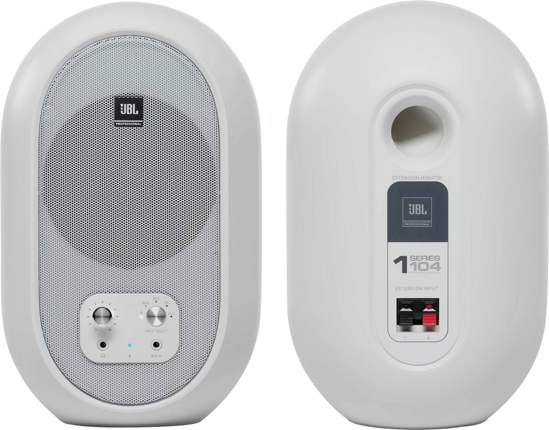 Zwei weiße Lautsprecher, Vorder- und Rückansicht. Vorne: Lautsprechergitter mit Bedienelementen. Hinten: Eingangs- und Ausgangsanschlüsse.