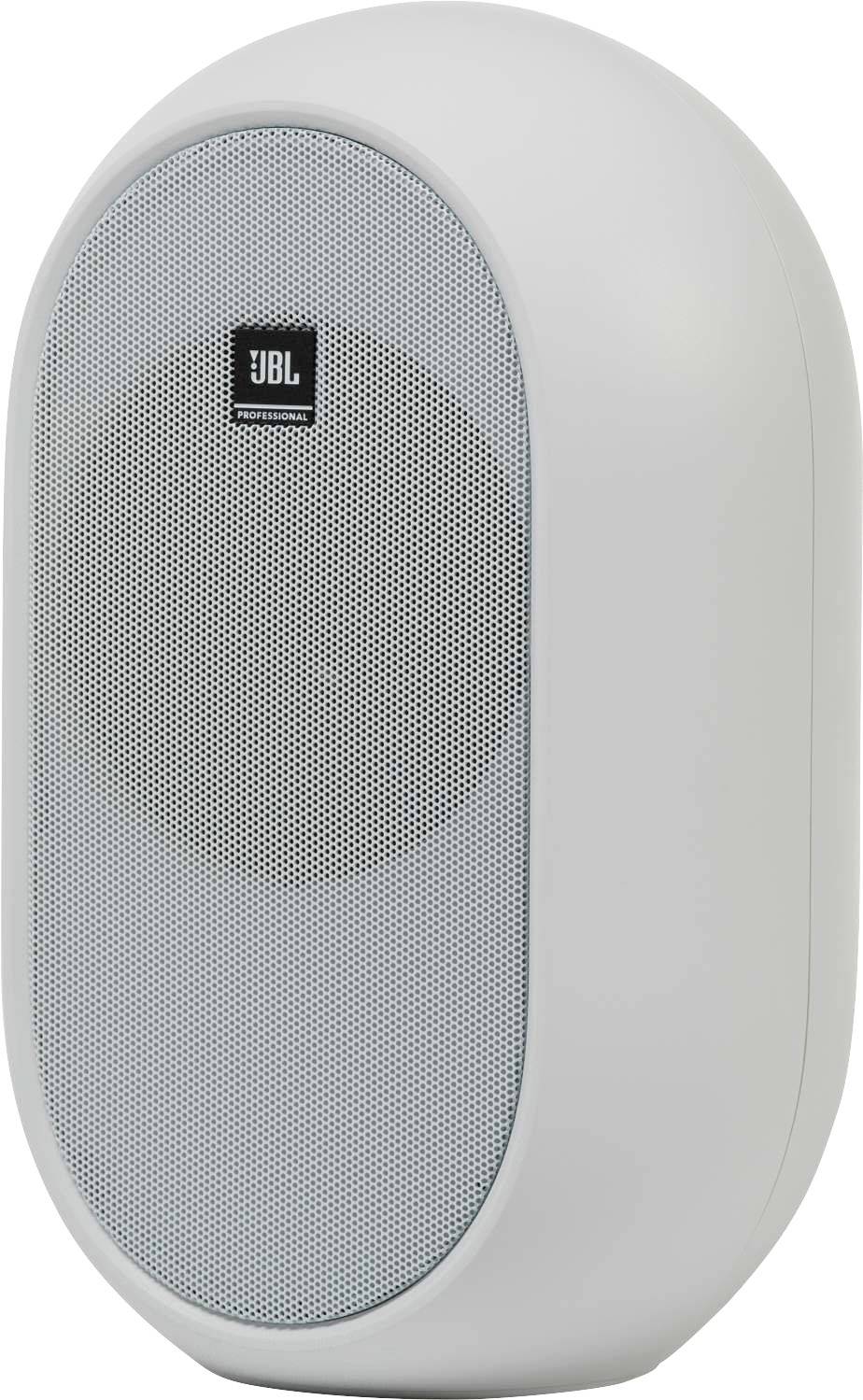 Ein weißer, ovaler Lautsprecher mit einem grauen Gitter und dem JBL-Logo in der Mitte. Der Lautsprecher hat ein modernes Design.