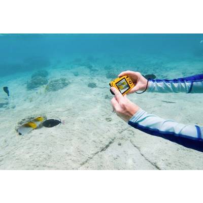 Eine Person fotografiert bunte Fische unter Wasser mit einer gelben Kamera. Klarer Meeresboden mit Korallen im Hintergrund.