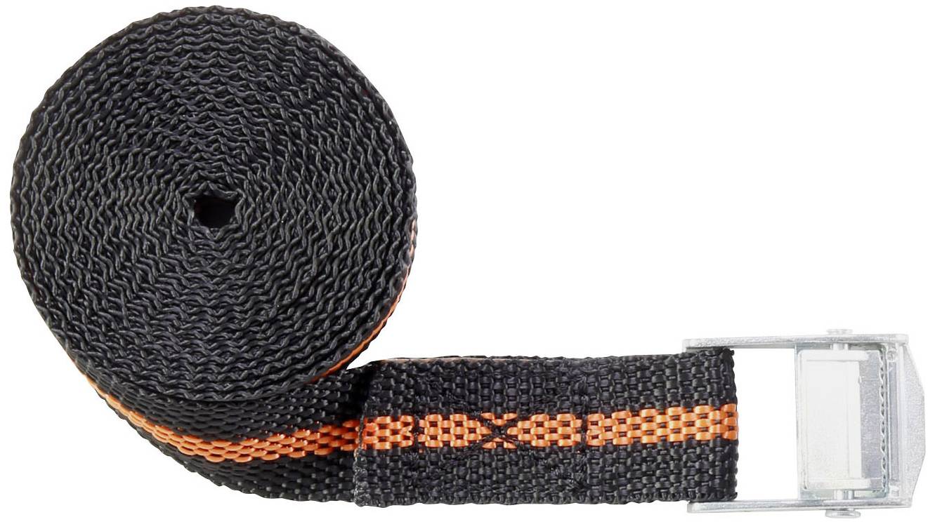 Eine schwarze Spanngurtrolle mit orangefarbenem Streifen und Metallschnalle, zeigt ein einfaches und funktionales Design.