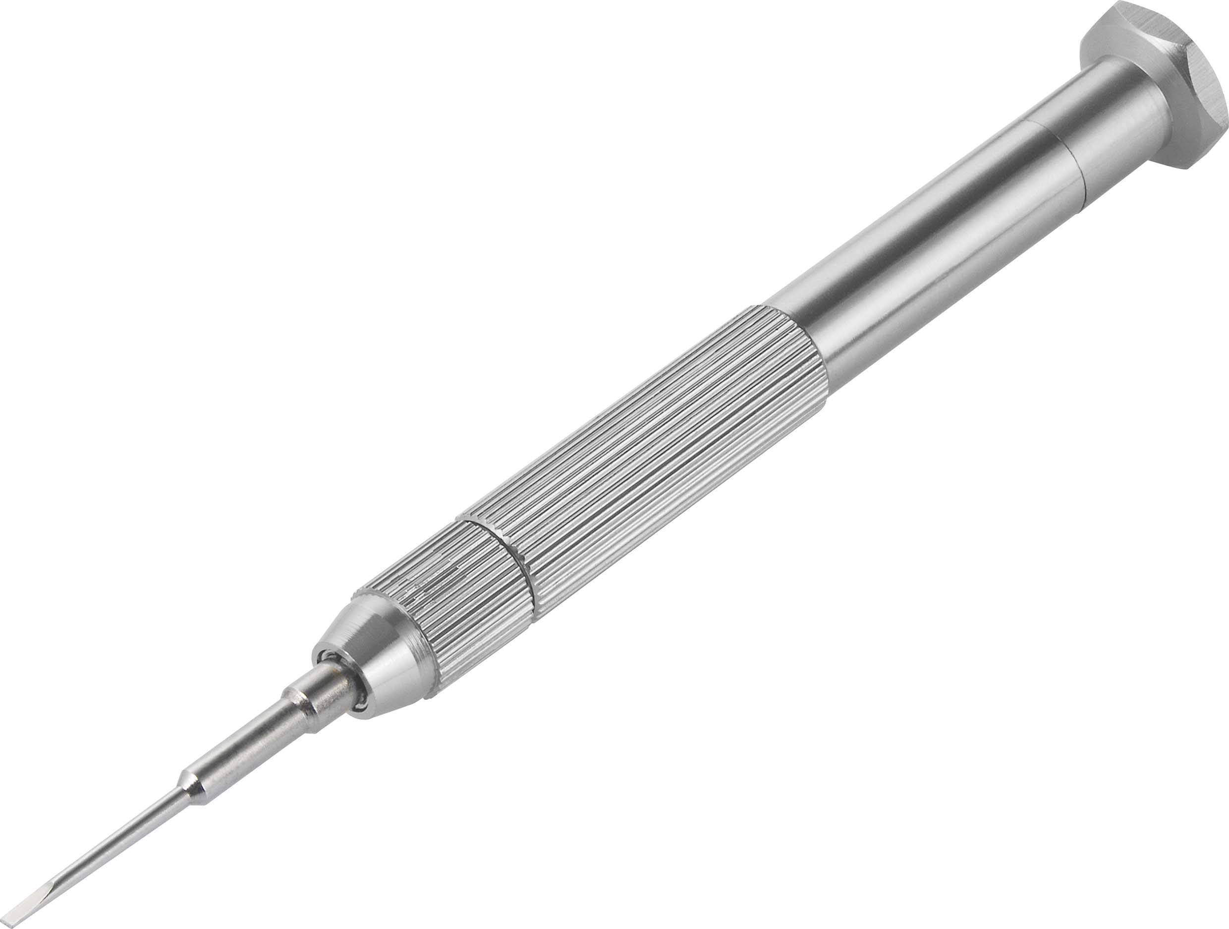 Mini-Schraubendreher aus Metall mit gerändeltem Griff und flacher Klinge, geeignet für feine Präzisionsarbeiten.