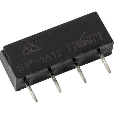 'Schwarz-graues Relais SIP-1A12 mit vier Metallstiften, Typenschild und Symbolen für elektrische Funktionen.'
