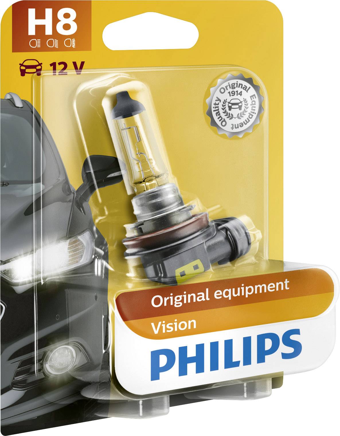 'H8 12V Auto-Glühlampe von Philips, Originalausstattung. Verpackung zeigt ein Auto-Scheinwerferbild und die Lampe in einer klaren Plastikverpackung.'
