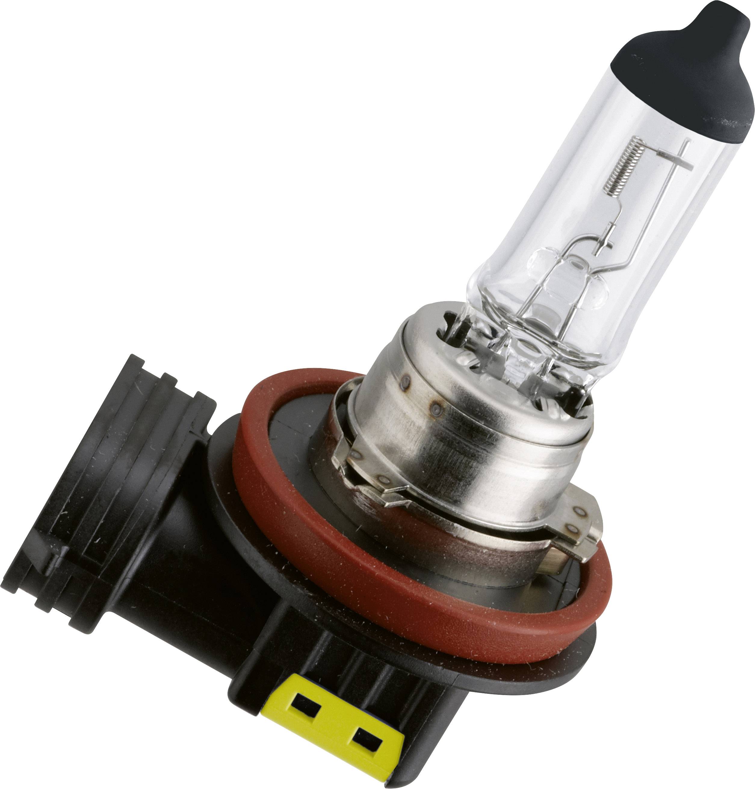 Eine Halogenlampe für Autoscheinwerfer mit Glaskolben und Metallfassung.