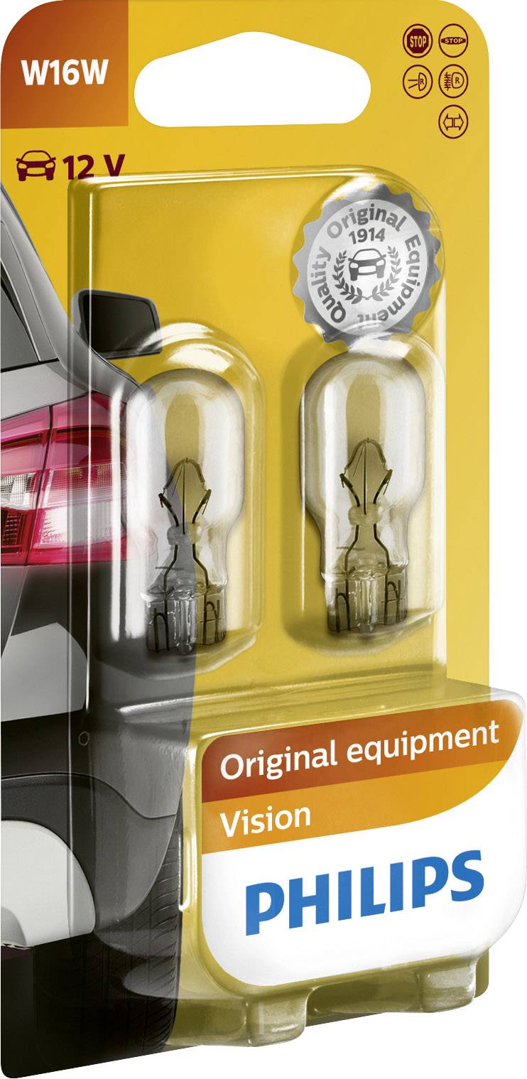 'Philips W16W 12V Autolampen, Originalteile'. Verpackung zeigt zwei Lampen und Abbildung eines Autoscheinwerfers an der Seite.