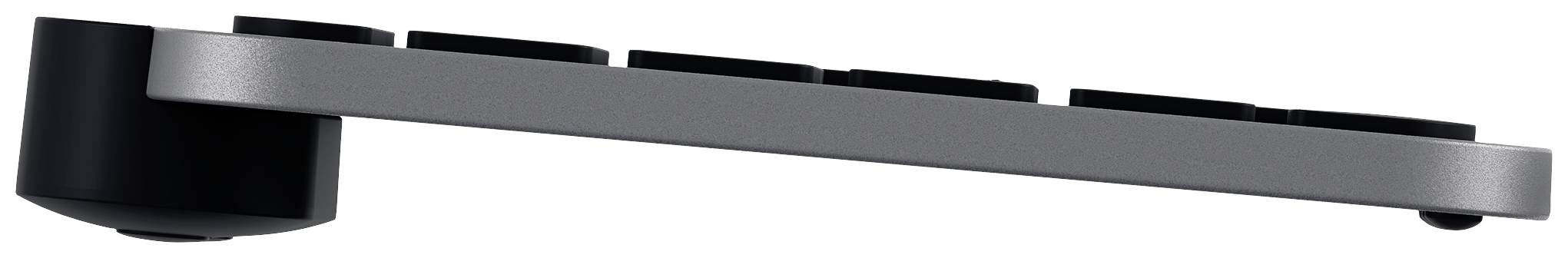 Eine flache Tastatur mit sechs Tasten in einer Reihe. Sie ist kompakt und hat ein schlankes, modernes Design.