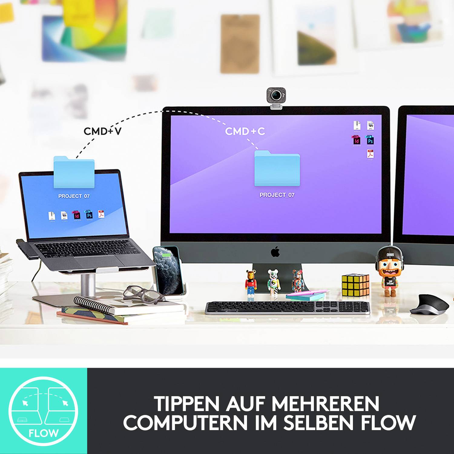 Ein Schreibtisch mit mehreren Computern, auf denen derselbe Bildschirm geteilt wird. Text: 'Tippen auf mehreren Computern im selben Flow'.