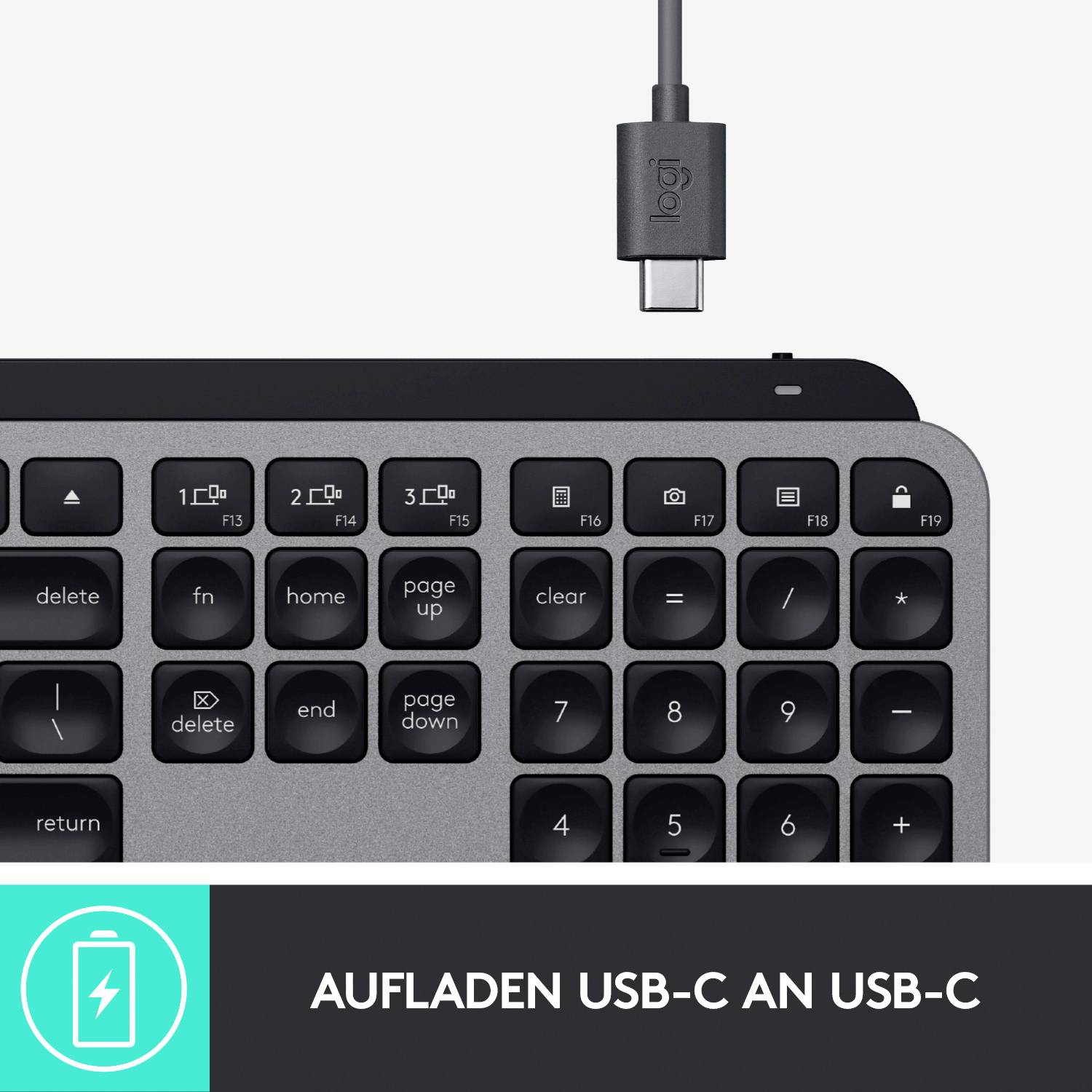Tastatur mit USB-C-Kabel. Text unten: 'Aufladen USB-C an USB-C'. Symbol für Batterieladung.
