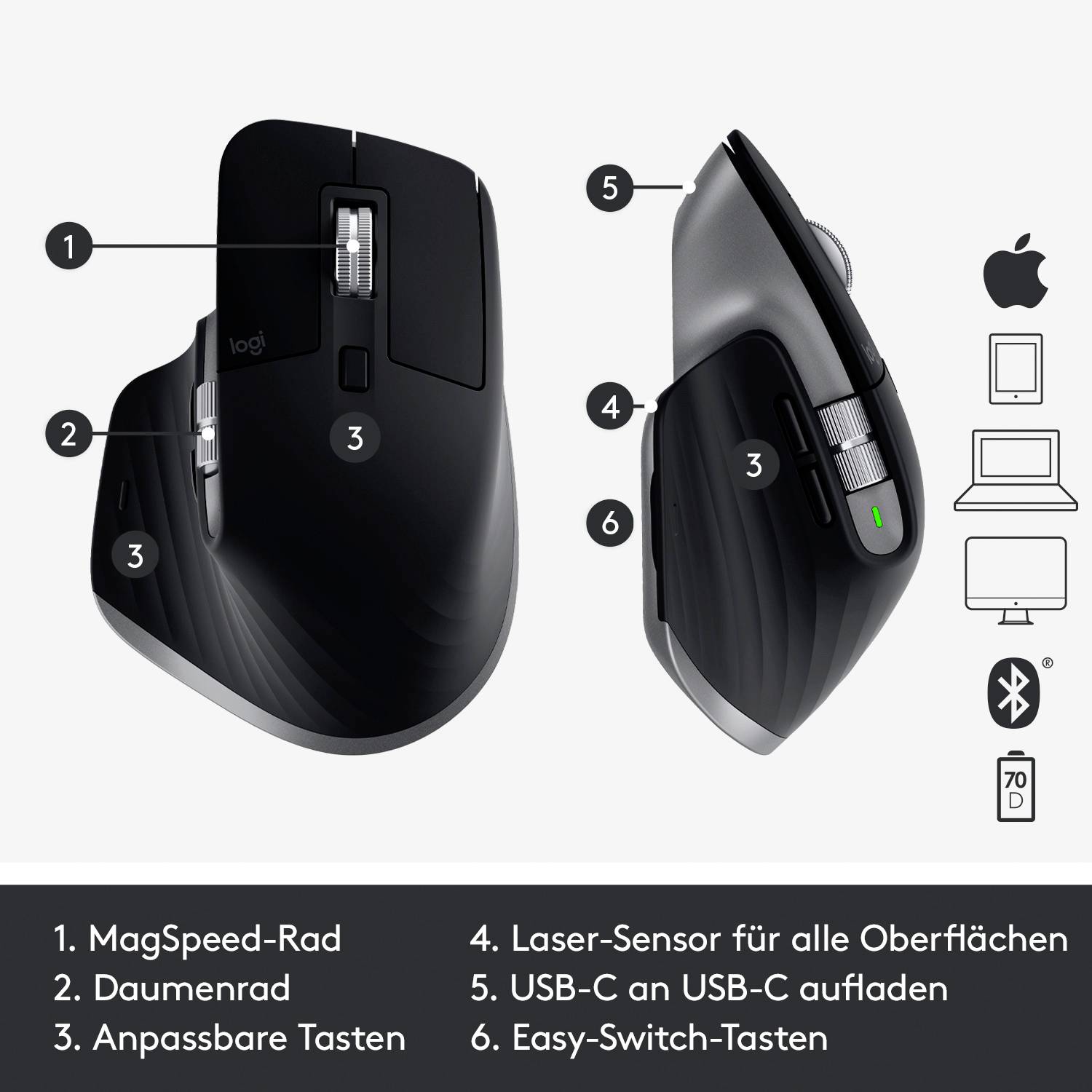 Logitech MX Master 3 Mac Version Ergonomische Maus Bluetooth®, Funk Optisch Graphit 7 Tasten 4000 dpi Ergonomisch, Wiede-2