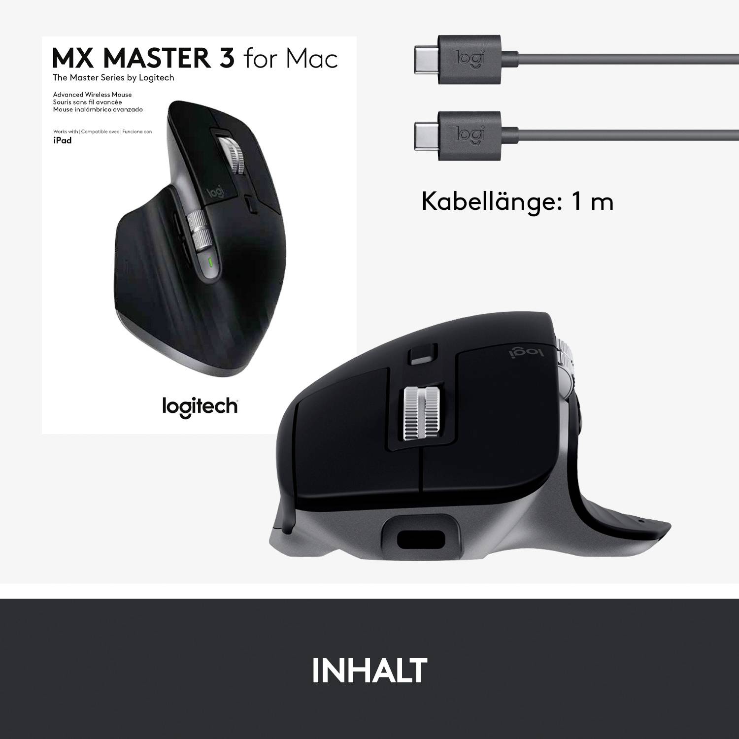 Logitech MX Master 3 Mac Version Ergonomische Maus Bluetooth®, Funk Optisch Graphit 7 Tasten 4000 dpi Ergonomisch, Wiede-3