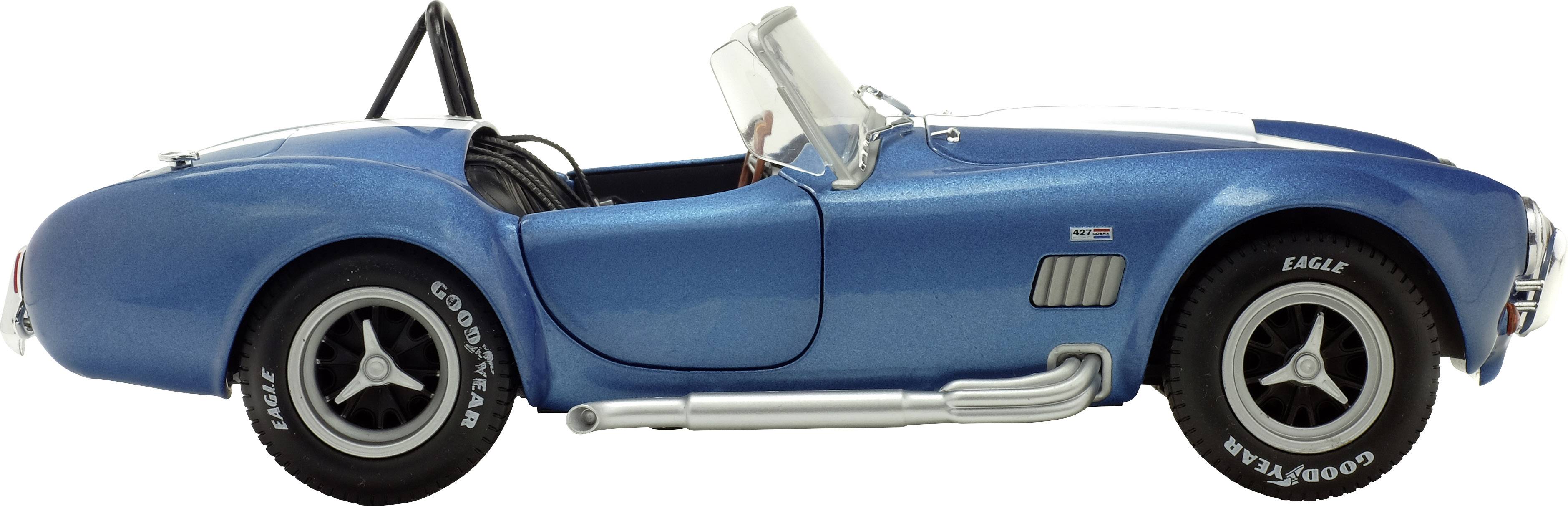 Blaues Oldtimer-Cabrio, Seitenansicht, mit geöffnetem Verdeck, sichtbare Details des Designs und der Reifen, auf weißem Hintergrund.